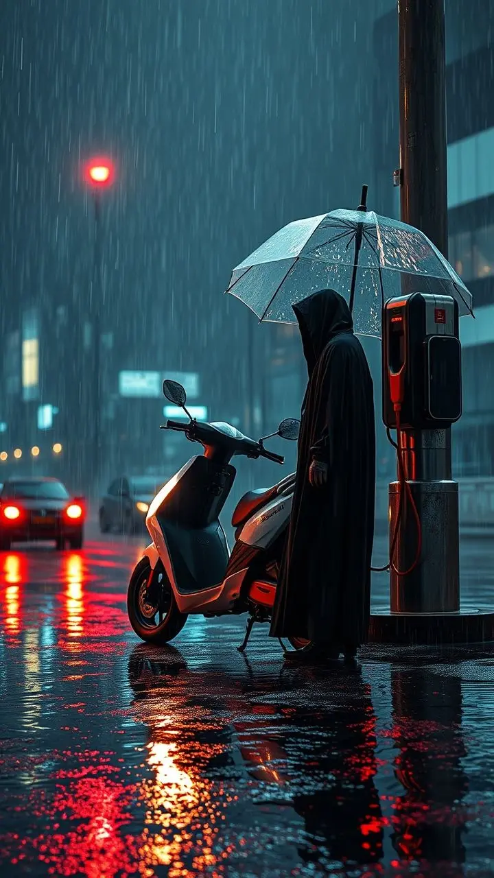 Vampire in rain with glowing eyes watching a scooter charge.
