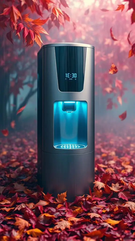 Modern water dispenser with LED display in an autumn leaf storm, vaporwave colors, wet textures.