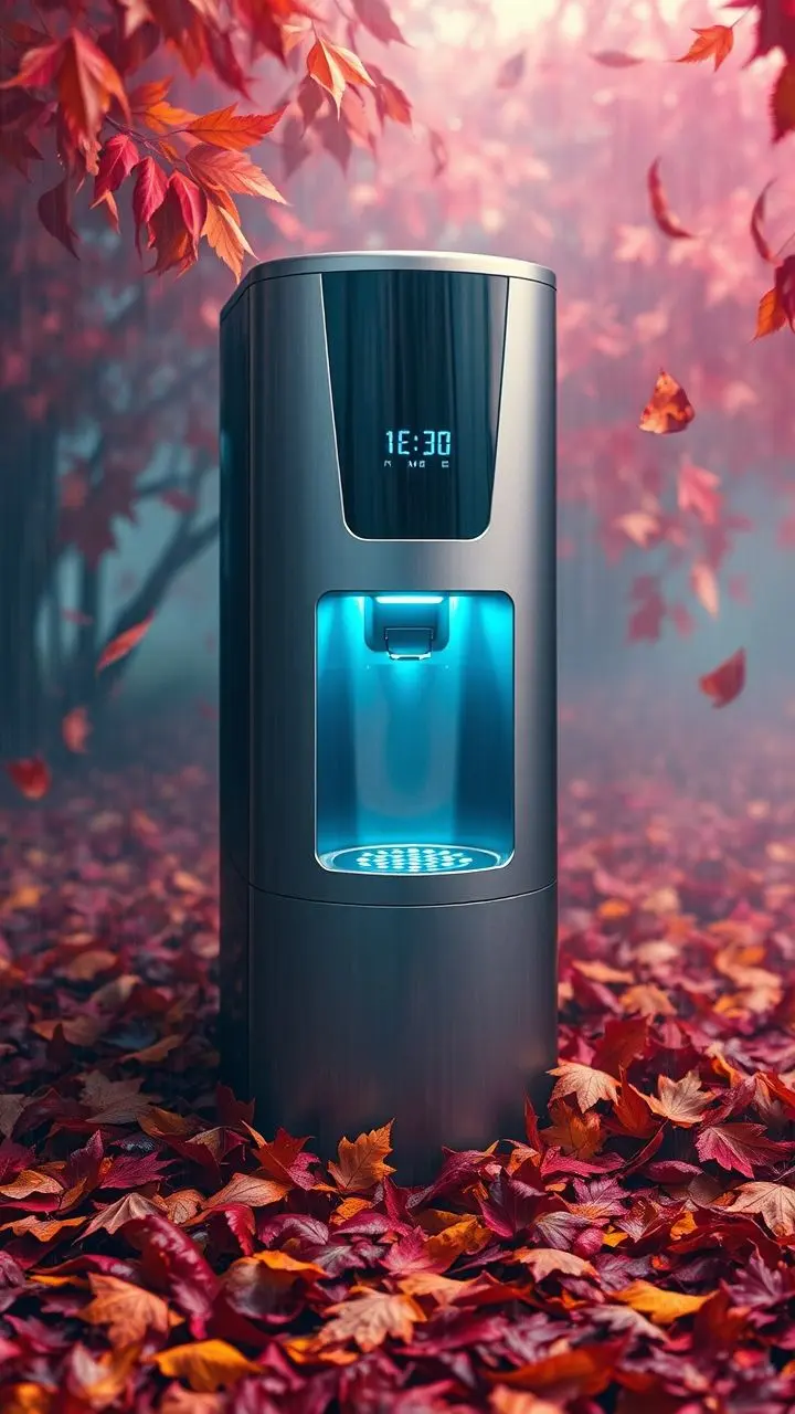 Modern water dispenser with LED display in an autumn leaf storm, vaporwave colors, wet textures.