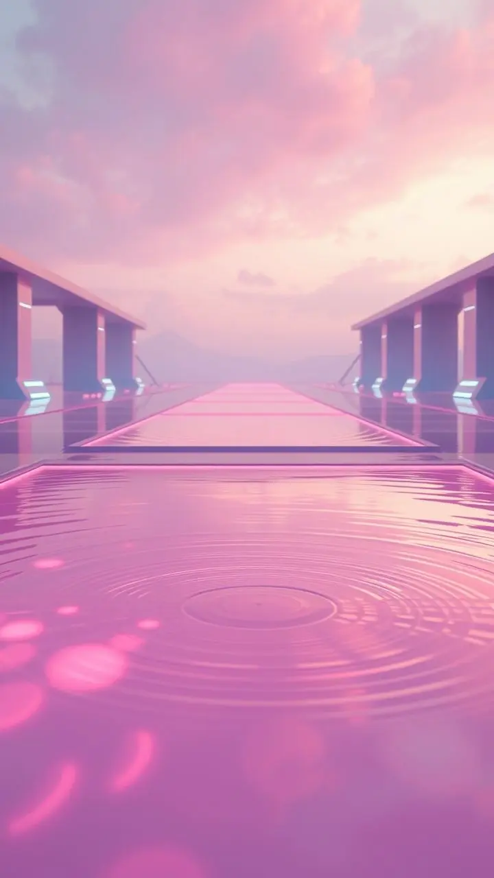 Futuristic bidding event with vaporwave colors and sea level rise.