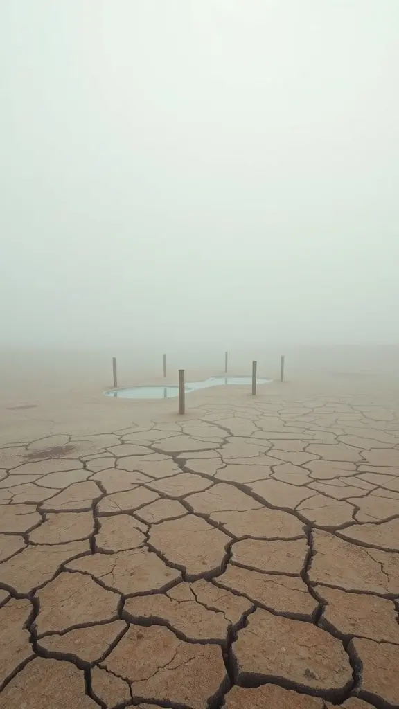 Desert landscape with cracked earth and foggy, corroded pools in vaporwave colors.