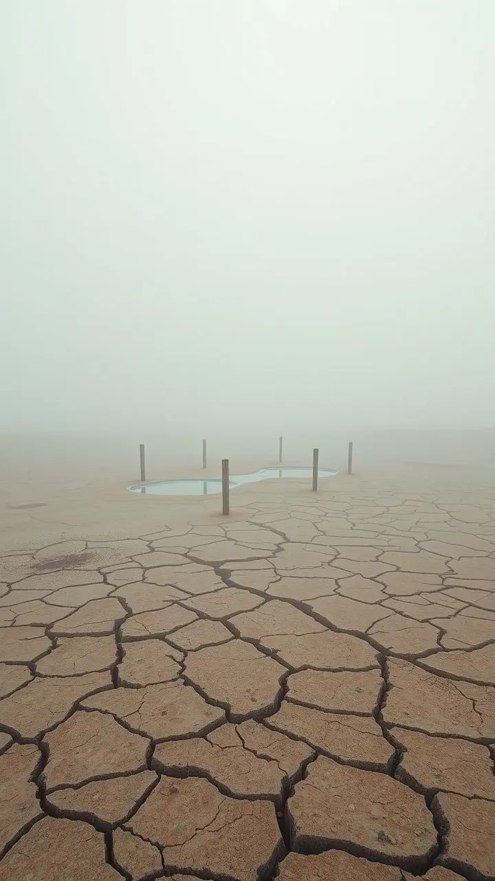 Desert landscape with cracked earth and foggy, corroded pools in vaporwave colors.