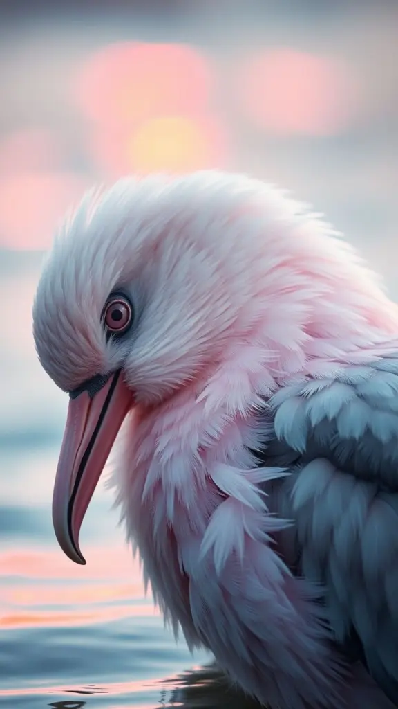 Macro shot of a bird preening, with Vaporwave colors and oceanic light.