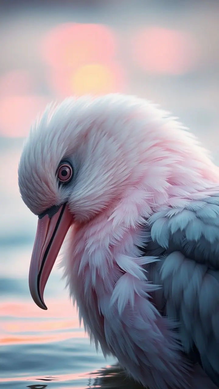 Macro shot of a bird preening, with Vaporwave colors and oceanic light.
