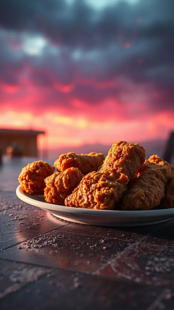 Golden fried chicken on a textured surface with vaporwave effects.