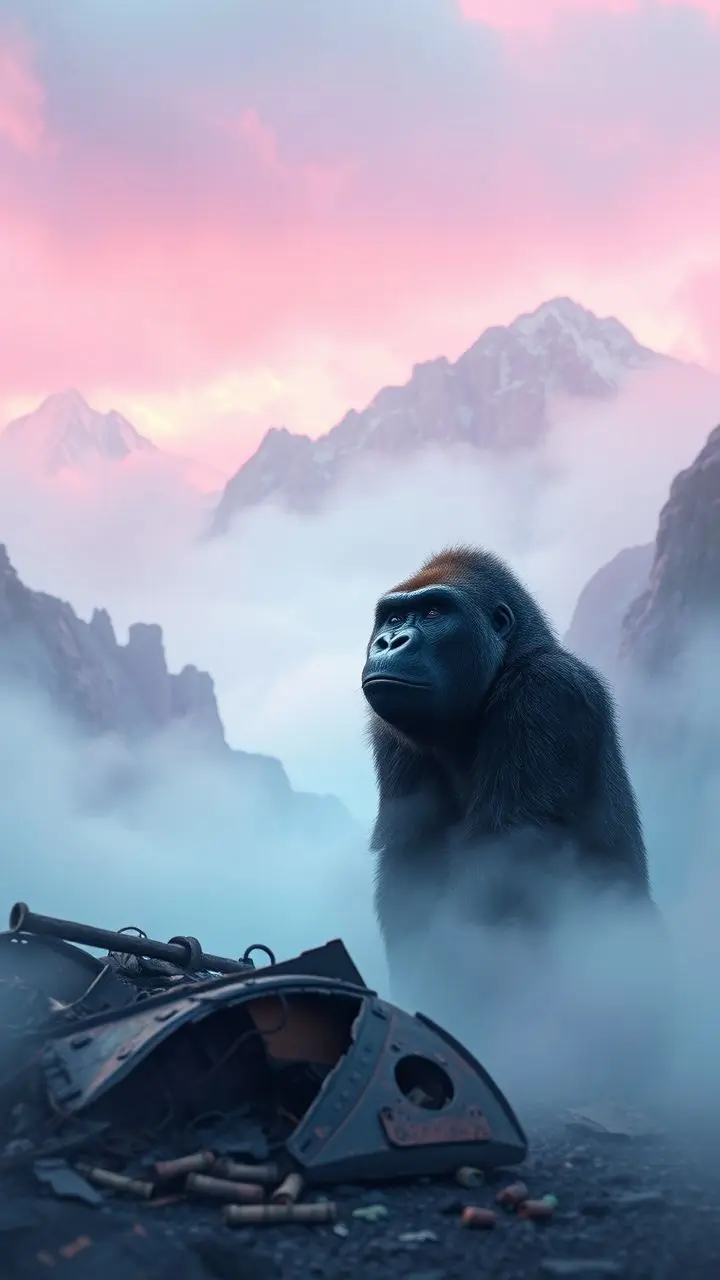 Gorilla in vaporwave-colored misty mountains with debris.