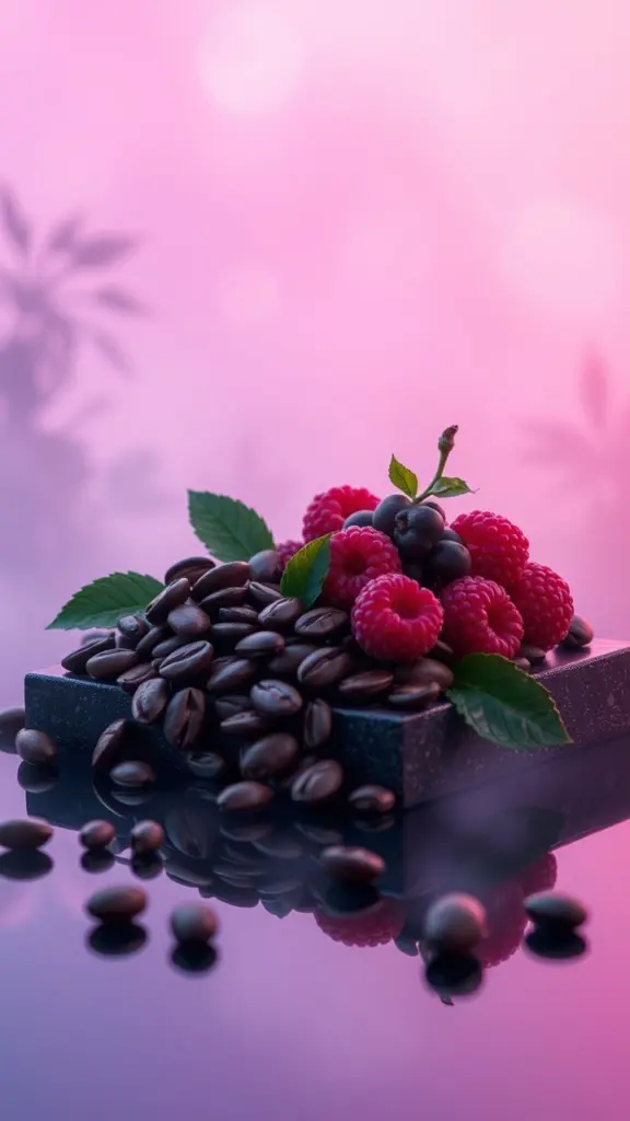 Coffee beans and berries on a block surface with vaporwave background and reflections.