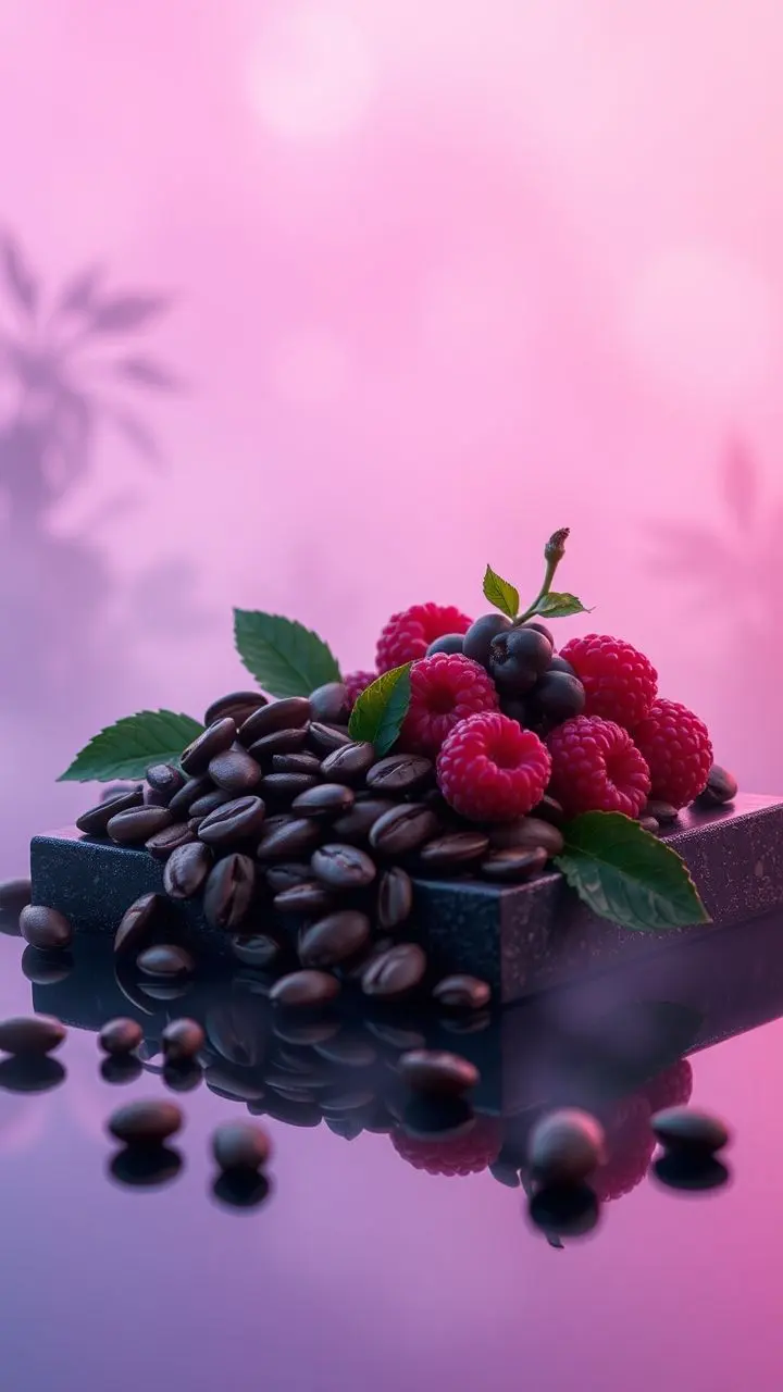 Coffee beans and berries on a block surface with vaporwave background and reflections.