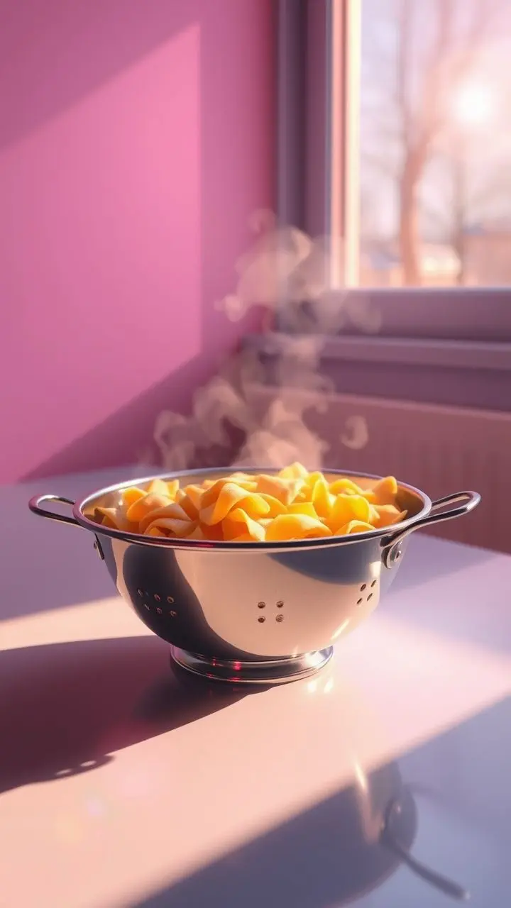 Steaming pasta in a colander with vaporwave colors and glitch effects.