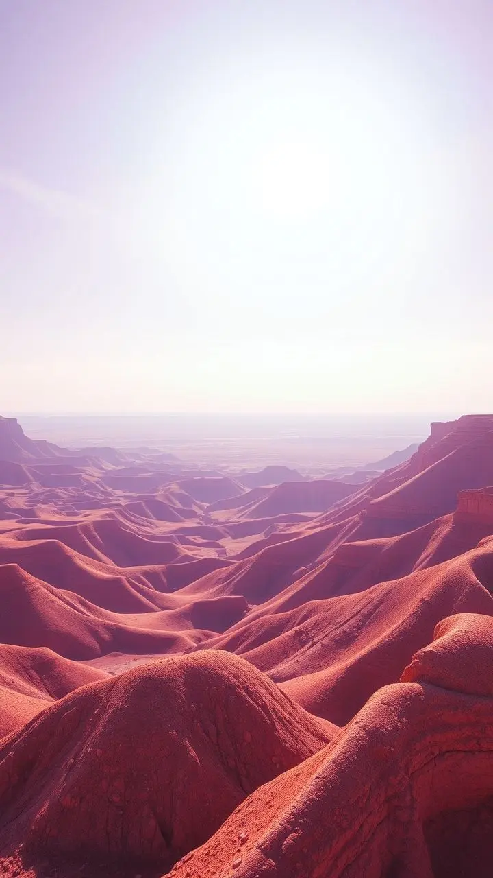 Steppe landscape with twisting walls in vaporwave colors under a bright sun.