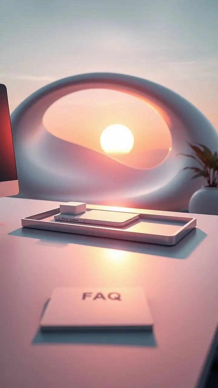 Sleek desk organizer with FAQ booklet under a vaporwave sunrise.