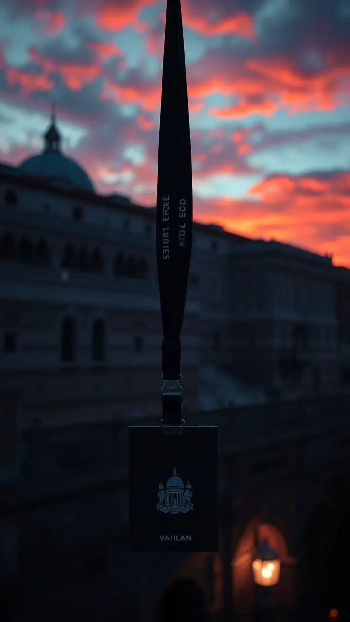 Corporate lanyard with Vatican motifs, dusk lighting, wind, architectural background.