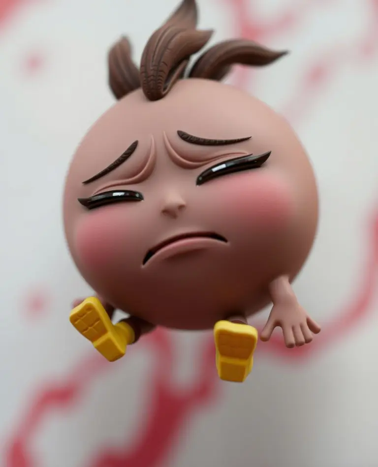 Brown circular character Vatu struggling to float with drooping arms against a red-tinted blurred background.