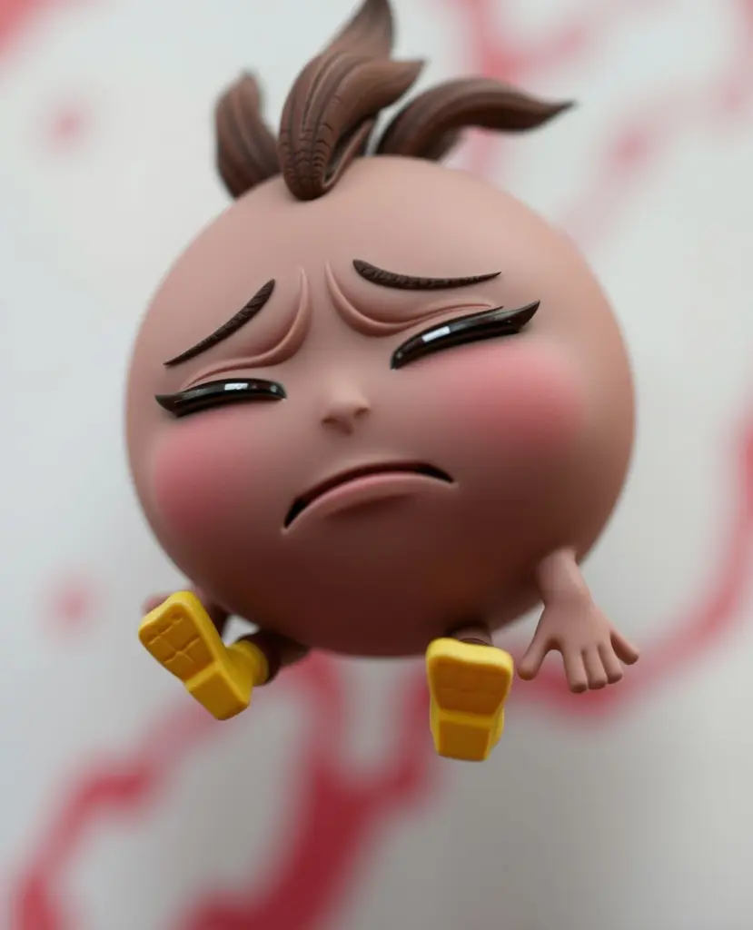 Brown circular character Vatu struggling to float with drooping arms against a red-tinted blurred background.