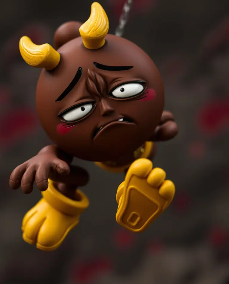 Vatu, a brown circular character with yellow shoes, looking tired and struggling to float against a blurred red background.