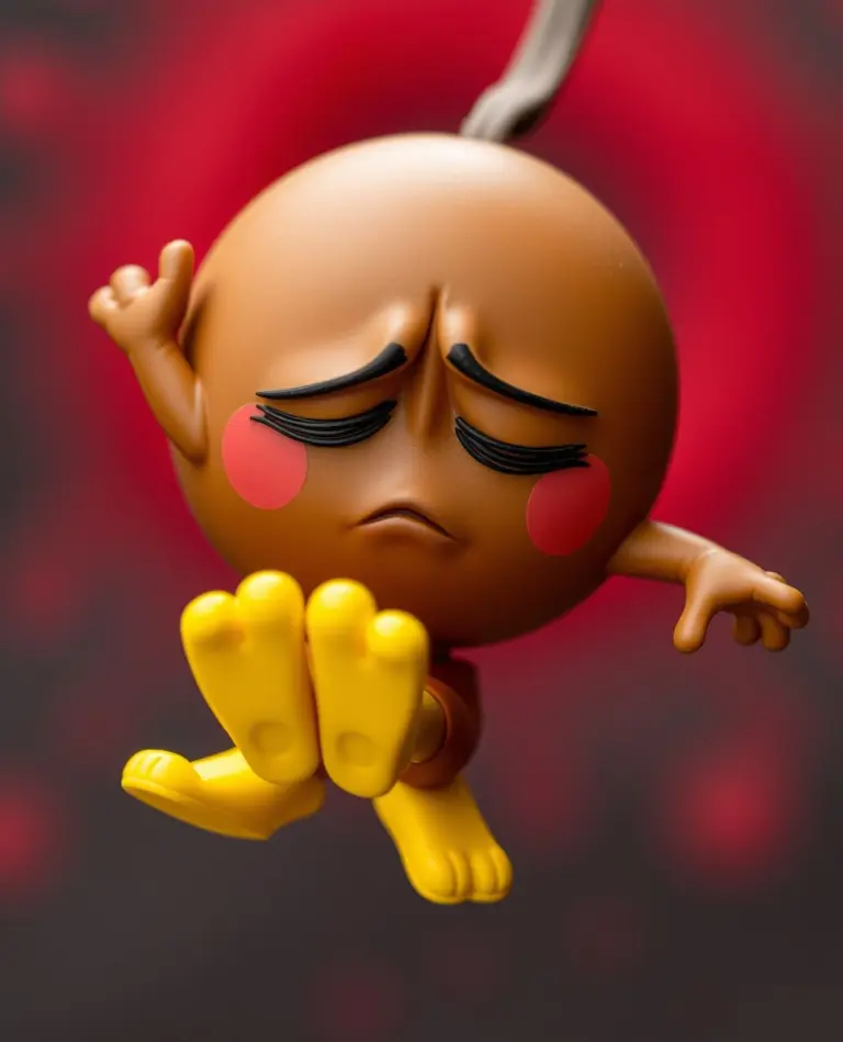 Brown circular wind character Vatu struggling to float, arms down, tired eyes, red background.