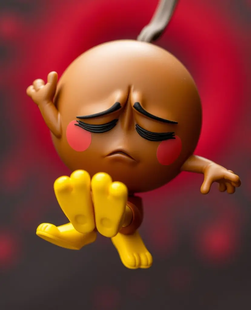 Brown circular wind character Vatu struggling to float, arms down, tired eyes, red background.