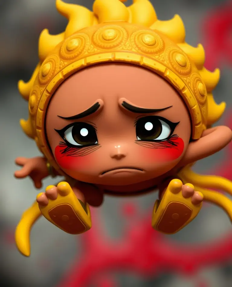 Brown circular character Vatu struggling to float with drooping arms and tired eyes.