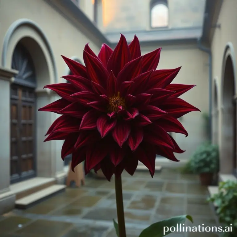 Close-up of a burgundy dahlia in a misty courtyard at dawn.