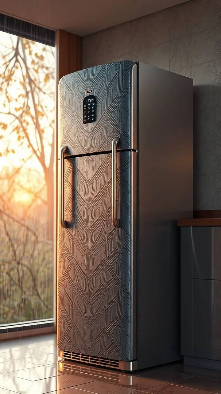 Modern refrigerator with retrofuturistic patterns and dewdrops in morning light.