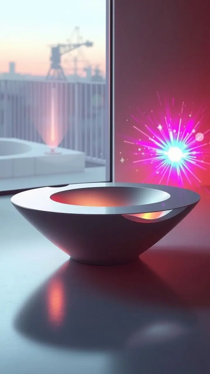 Sculptural coffee table with organic curves, dawn light, drizzle patterns, surreal scoop, vivid flares, dreamcore background.