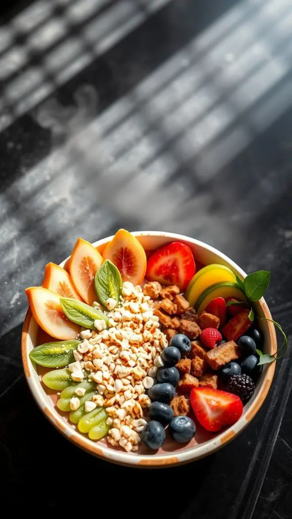 Acai bowl with toppings, Mid-Century Modern style