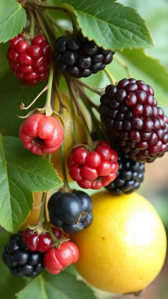 A close-up of various fresh fruits and berries.