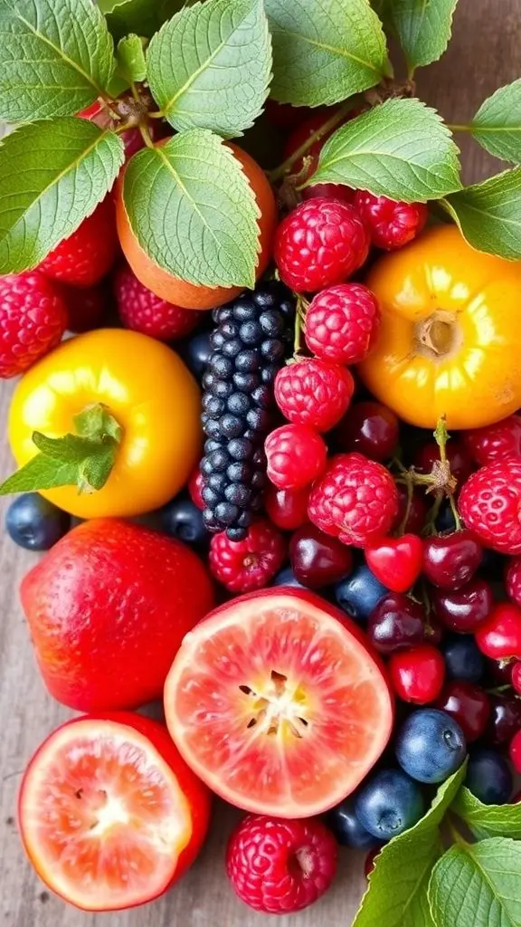 Assortment of colorful fruits and berries.
