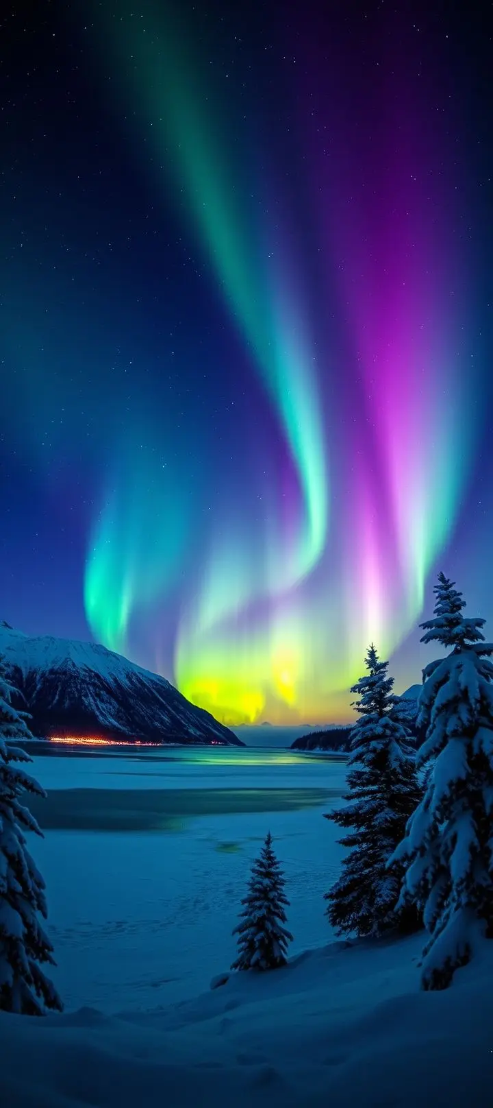 Aurora Borealis in green and violet colors above a snowy landscape.