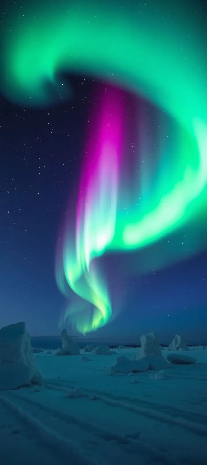 Aurora borealis in green, pink, and purple over a snowy arctic scene.