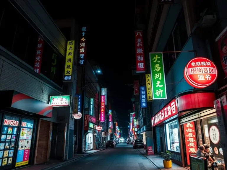 Night street photo with neon lights, high ISO noise, and overexposed signs.