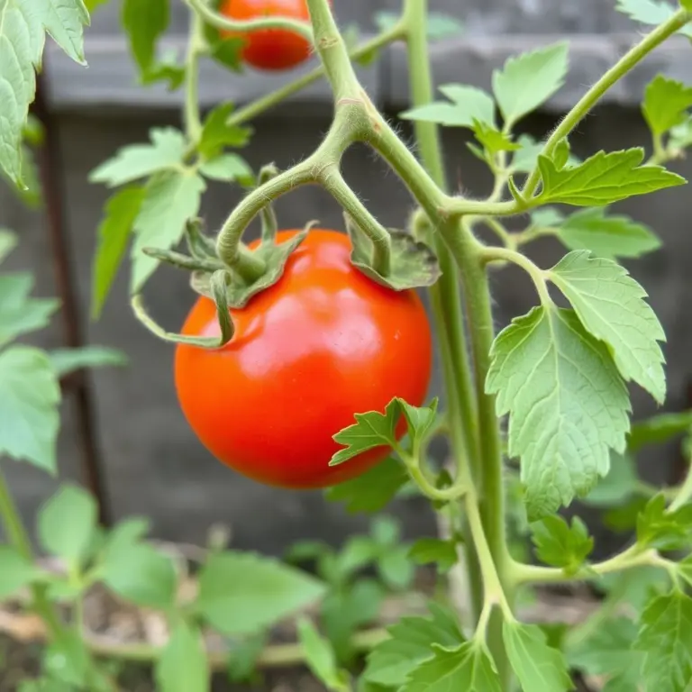 Close-up of a red tomato on a vine.