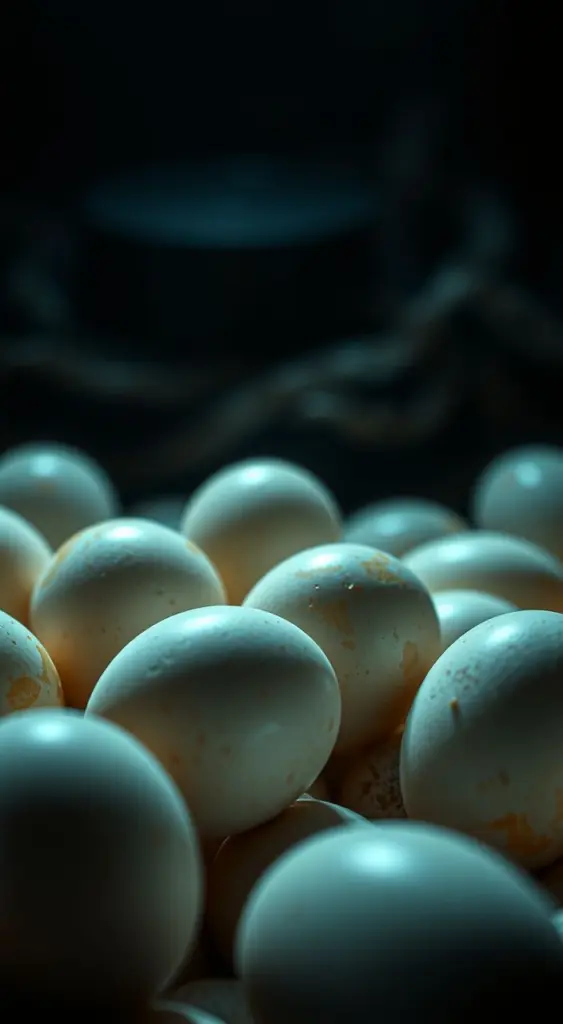 Close-up of white eggs with dramatic lighting and teal and orange accents.