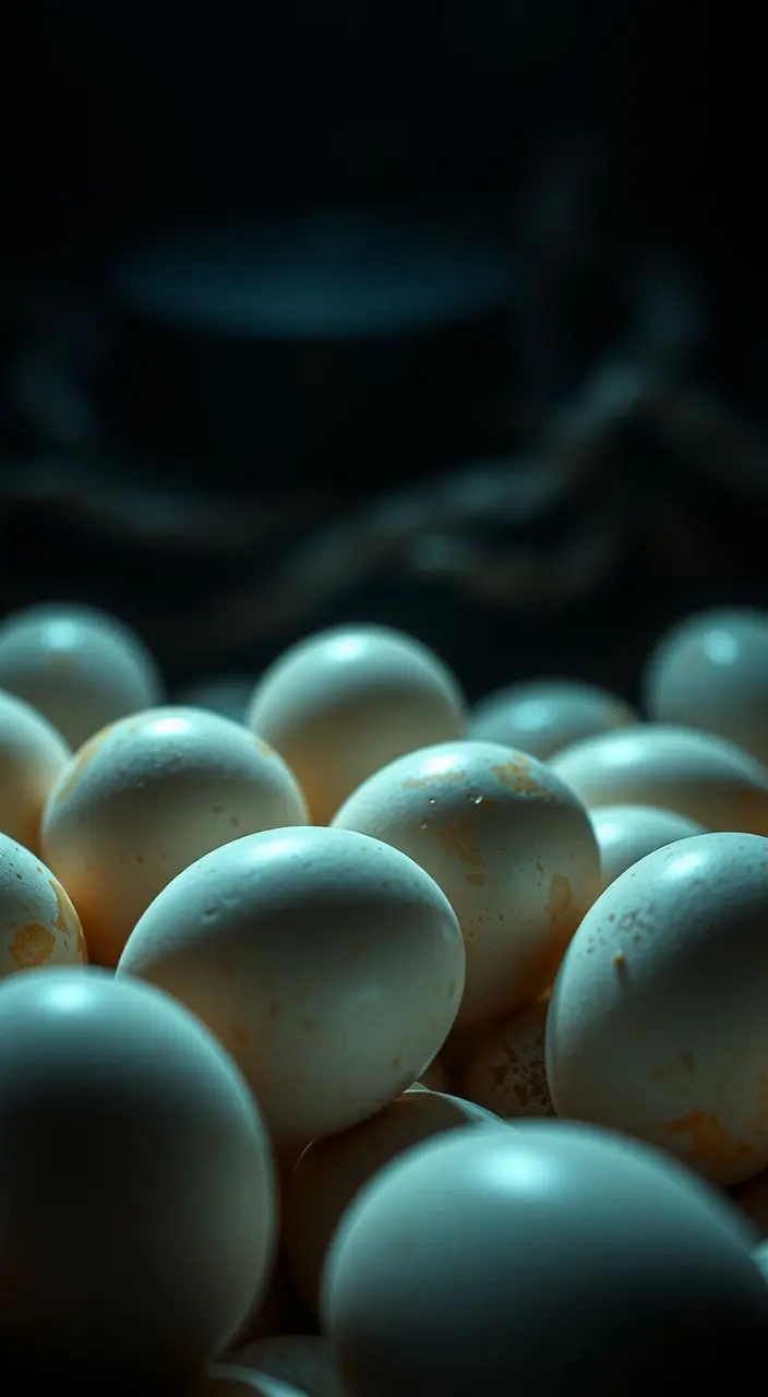 Close-up of white eggs with dramatic lighting and teal and orange accents.
