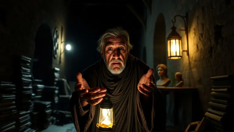 Elderly man in tattered robes holding parchment in a ruin.