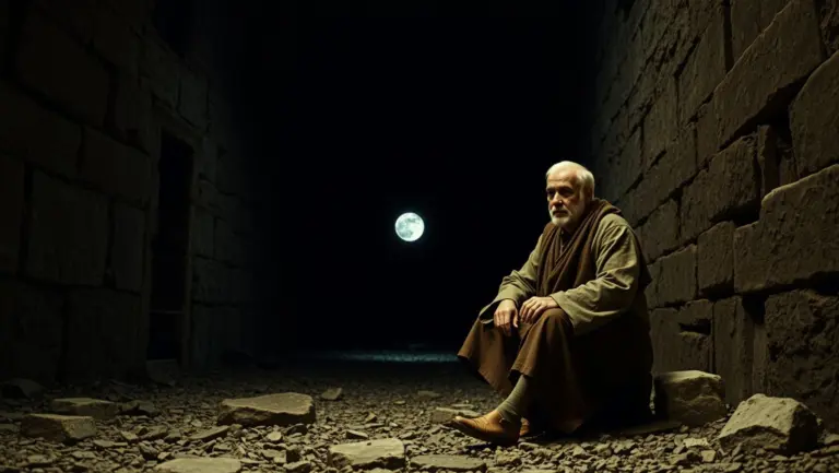 Elderly man in worn robes sitting on rubble in a Roman vault at night, speaking with emotional eyes under dramatic moonlight.