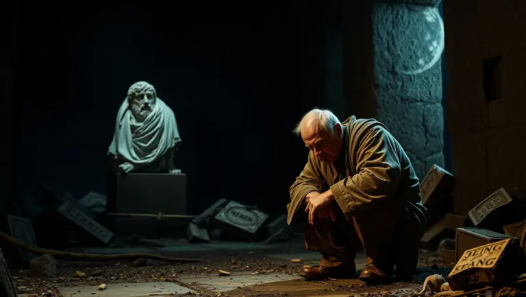 Elderly man grieving beside broken statue in ancient ruins.