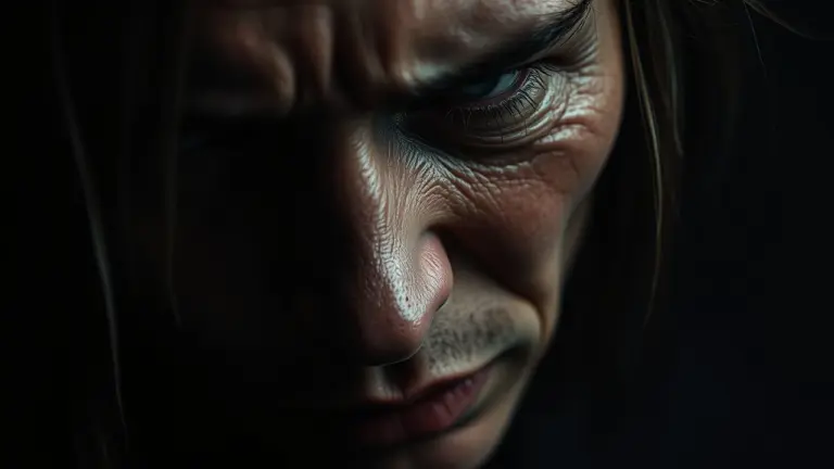 Close-up oil painting of a victim's face showing terror and resignation.
