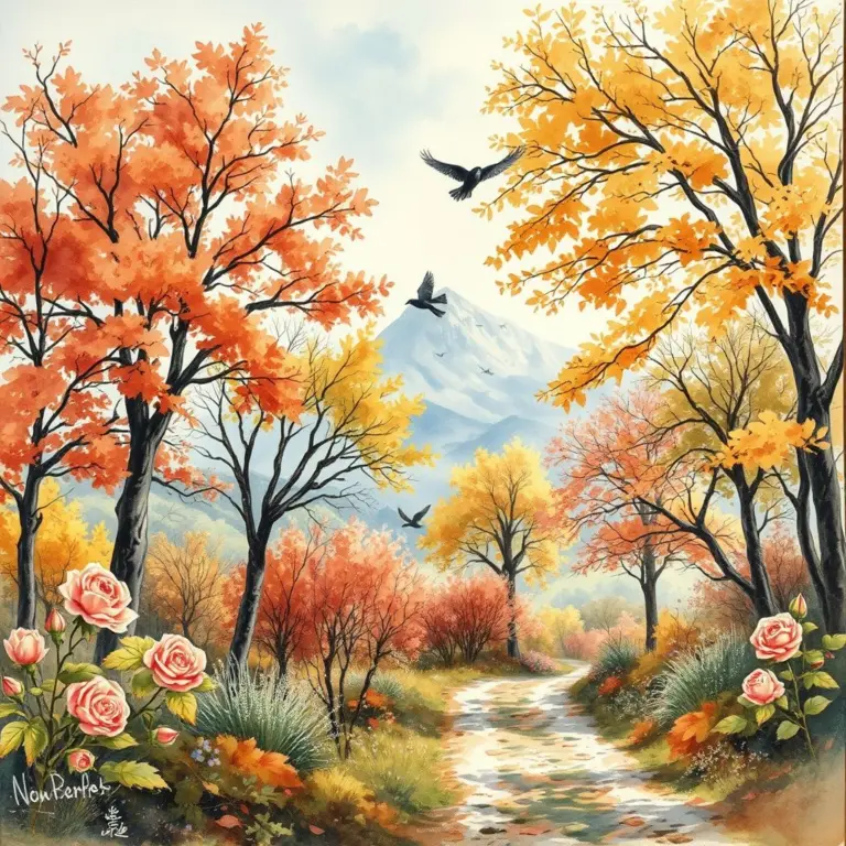 Victorian watercolor sketch of an autumn landscape with colorful trees, reeds, flowers, birds, mountain, and path.