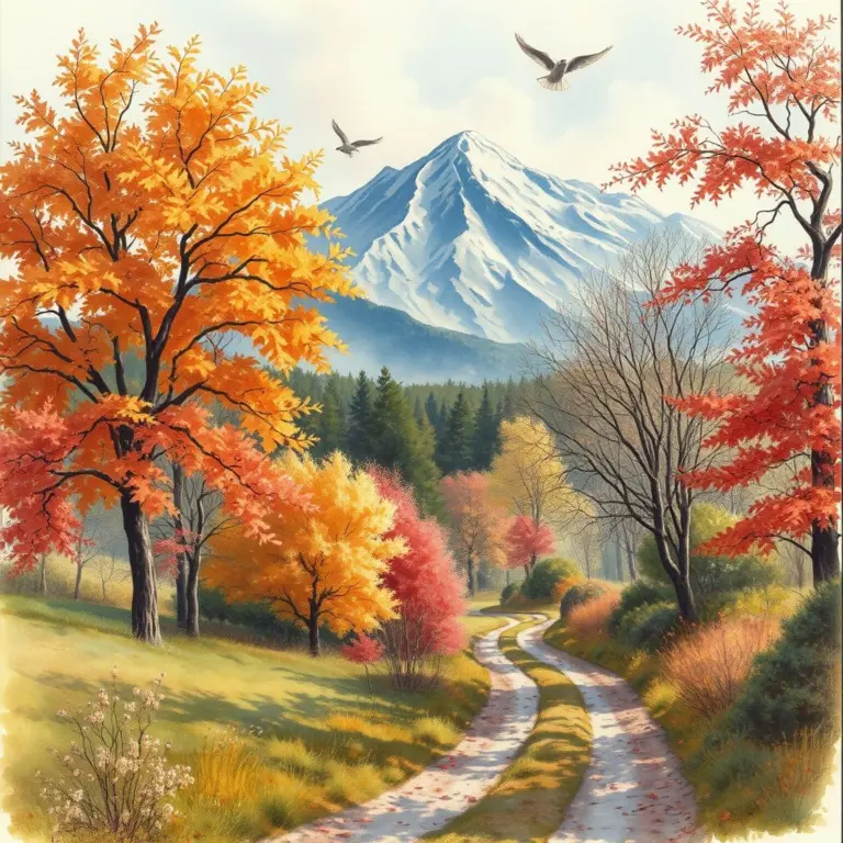 Victorian watercolor sketch of an autumn landscape with trees, reeds, birds, a mountain, and a path.