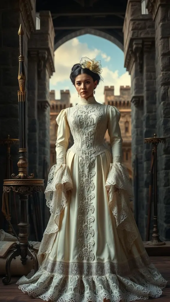 Victorian dress with lace and embroidery, castle siege background.