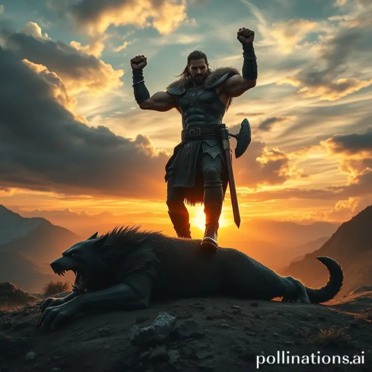Warrior standing victoriously on battlefield.