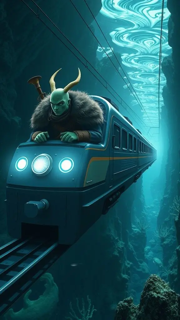 Piccolo-like character in Viking armor piloting a futuristic train underwater.