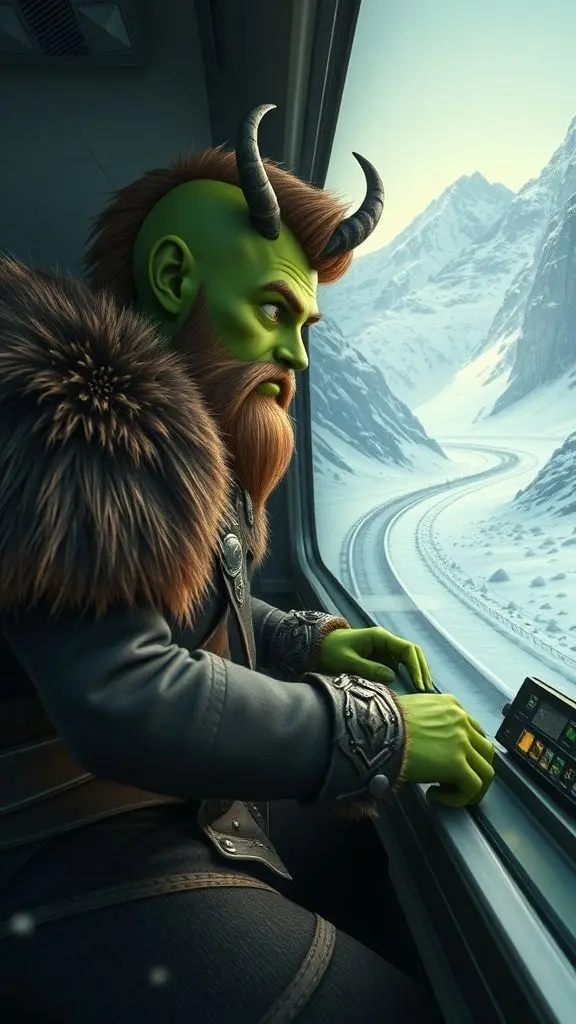 Piccolo-like character in Viking armor piloting a train in snowy mountains.