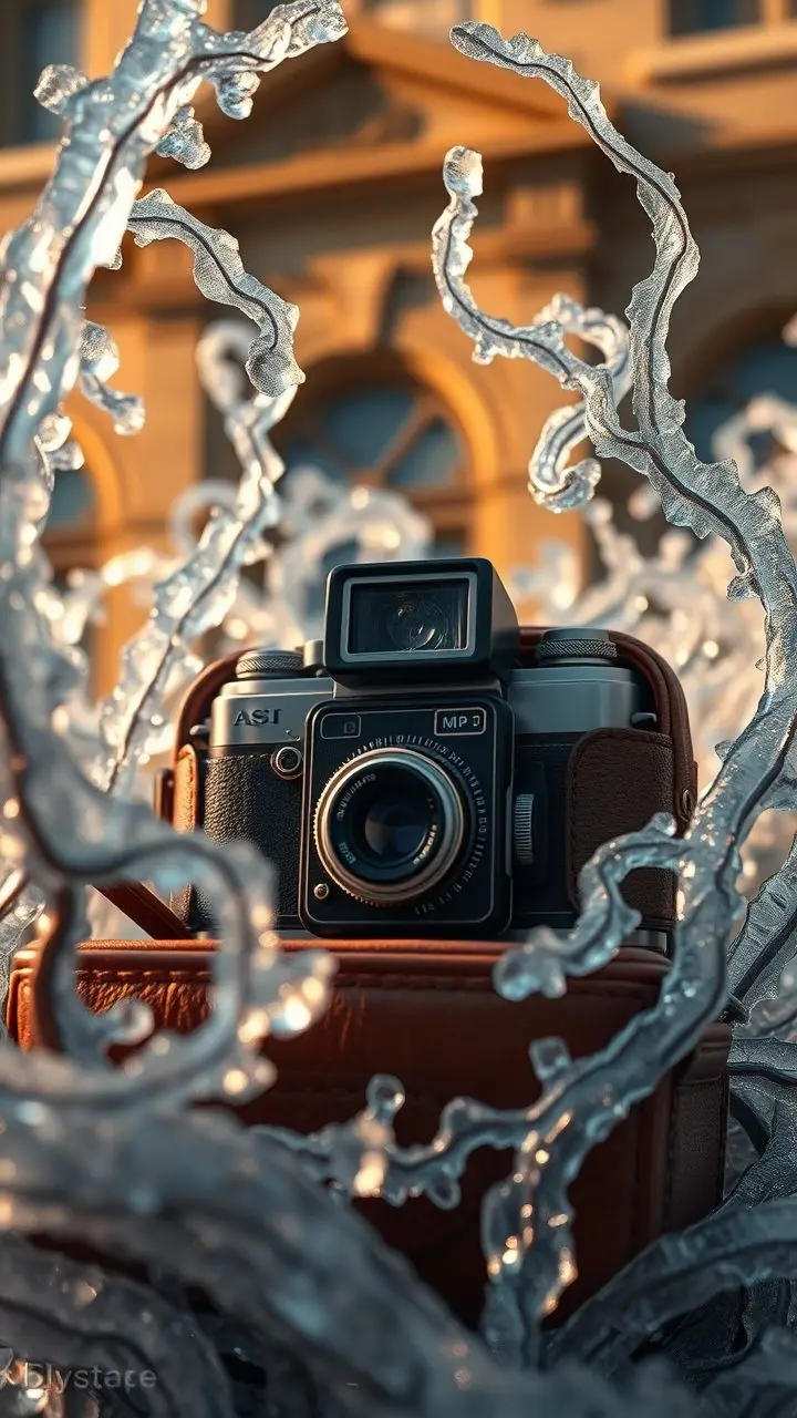 Vintage film camera in leather case, Montgomery architecture, icy surreal vines, studio lighting.