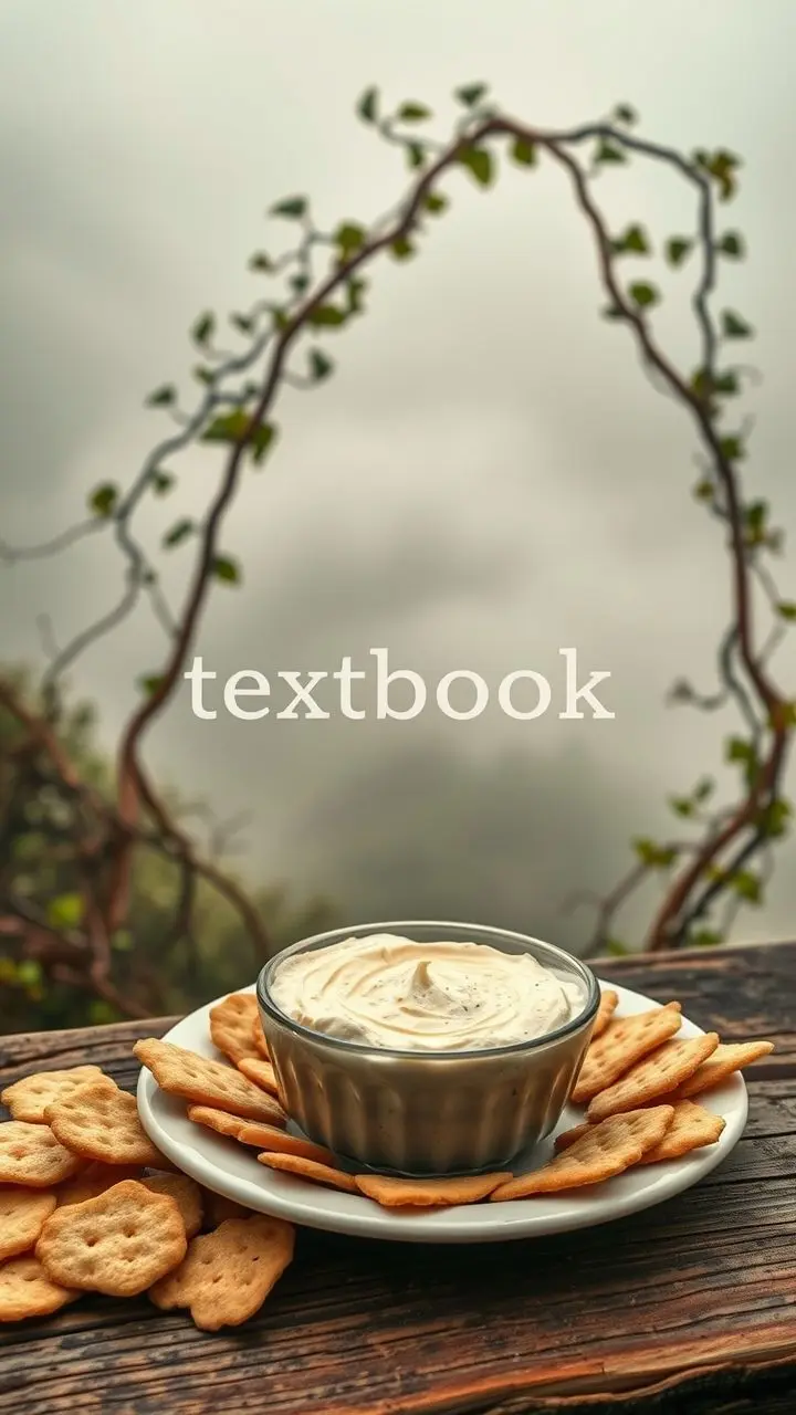 Vintage-inspired snack of crackers and dip with 'textbook' text, in misty Dawn Mountain with vines.