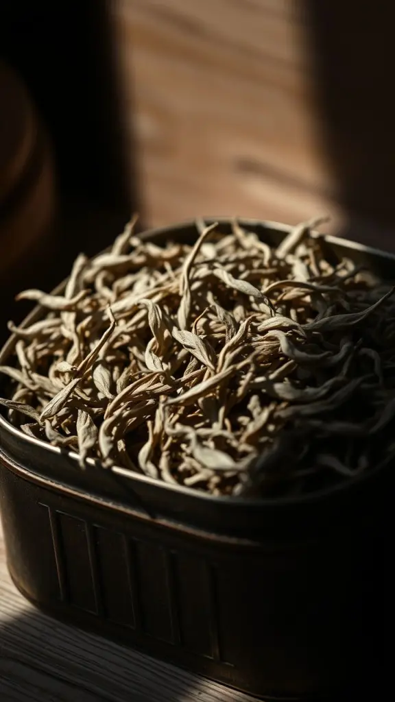 Vintage tin box with aged Fuding Gongmei white tea leaves, showing delicate shapes and silvery tips with cinematic shadows.