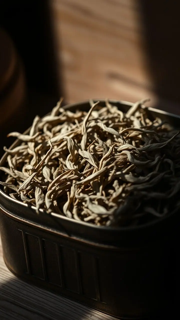 Vintage tin box with aged Fuding Gongmei white tea leaves, showing delicate shapes and silvery tips with cinematic shadows.