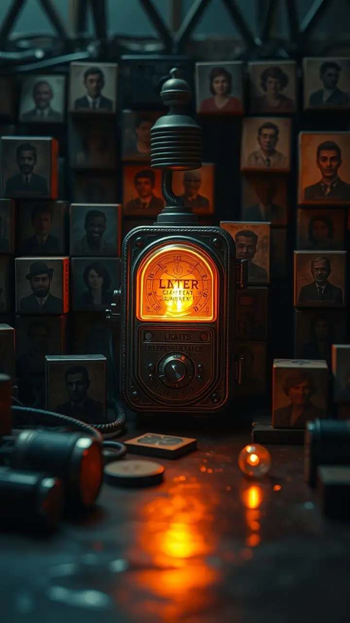 Vintage light meter with amber glow on art blocks.
