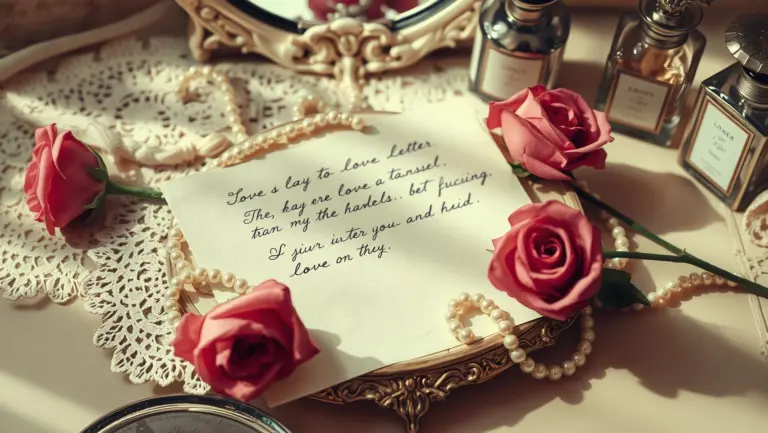 A vintage still life of a love letter, roses, and pearls.